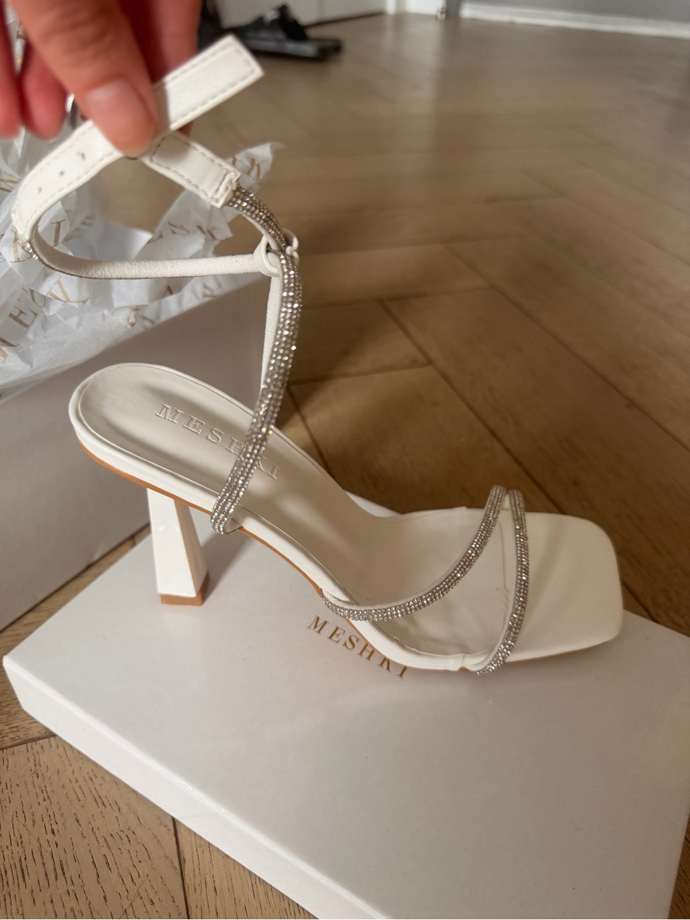NWT Meshki White Crystal-Strap Square Toe Block Heels